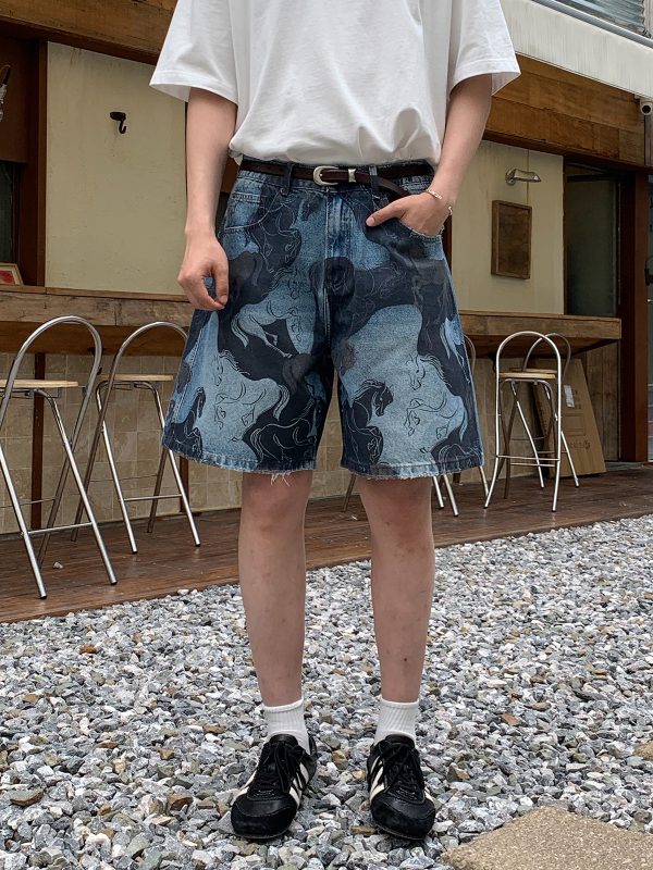 3576 Men's 11.8 oz Baggy Loose Graffiti Printing Denim Shorts