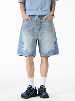 K030 Men's 13.2 OZ Snap Hook 3D Baroque Embroidery Denim Shorts