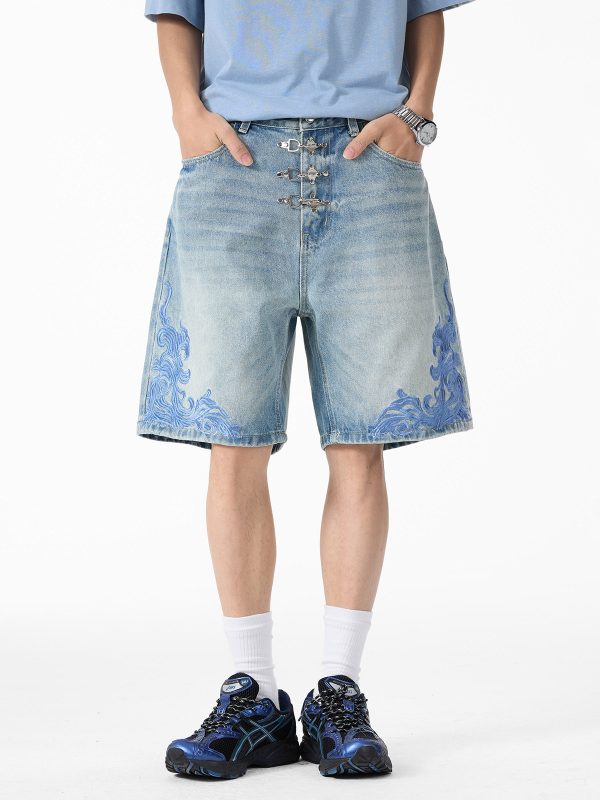 K030 Men's 13.2 OZ Snap Hook 3D Baroque Embroidery Denim Shorts