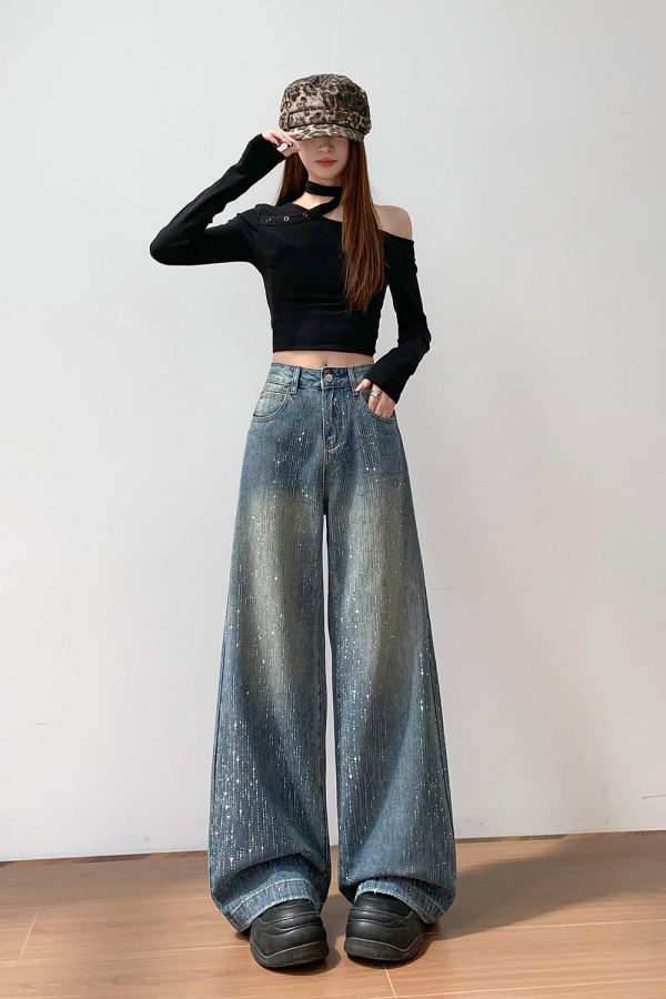 Women's 11 OZ Rhinestone Classic Five Pockets Wide Leg Jeans