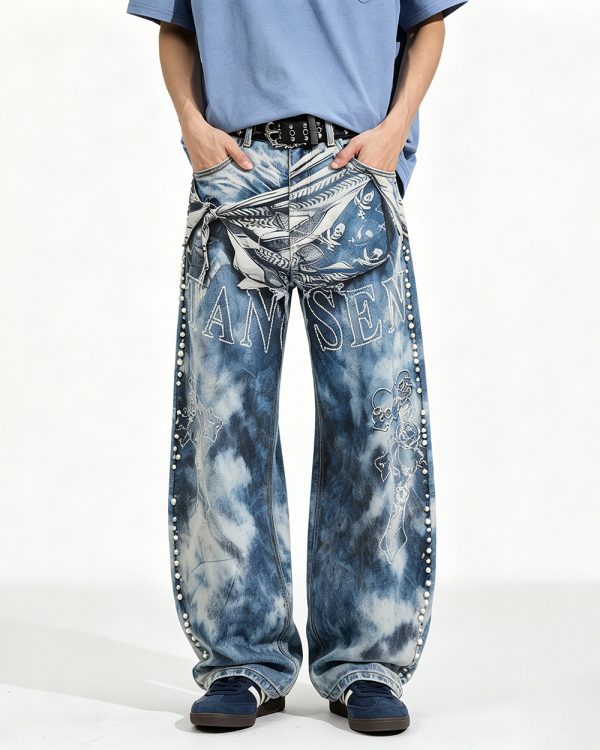 14032 Men's 14.2 OZ 3D Digital Printing Barrel Cut Curve-leg Jeans