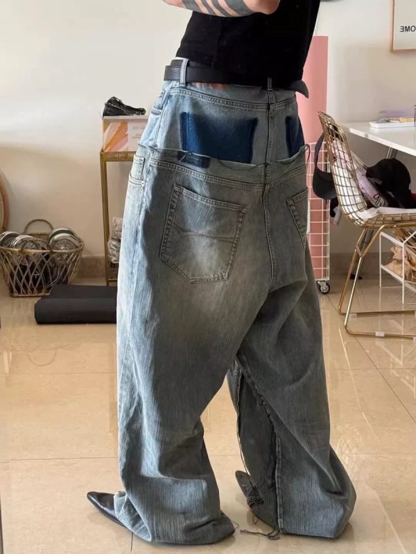 MJ016  Men's 15.5 OZ Y2K Baggy Double Waist Wide Leg Patchwork Jeans