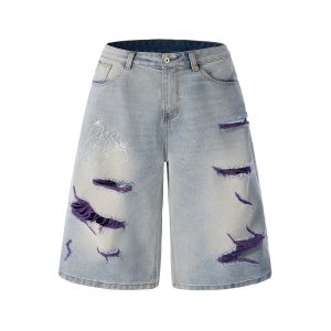 1787681729877712.jpg 1519 Men's 13 OZ Grunge Blue‑purple Two‑tone Denim Cropped Capri Ripped Jeans