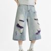 1519 Men's 13 OZ Grunge Blue‑purple Two‑tone Denim Cropped Capri Ripped Jeans