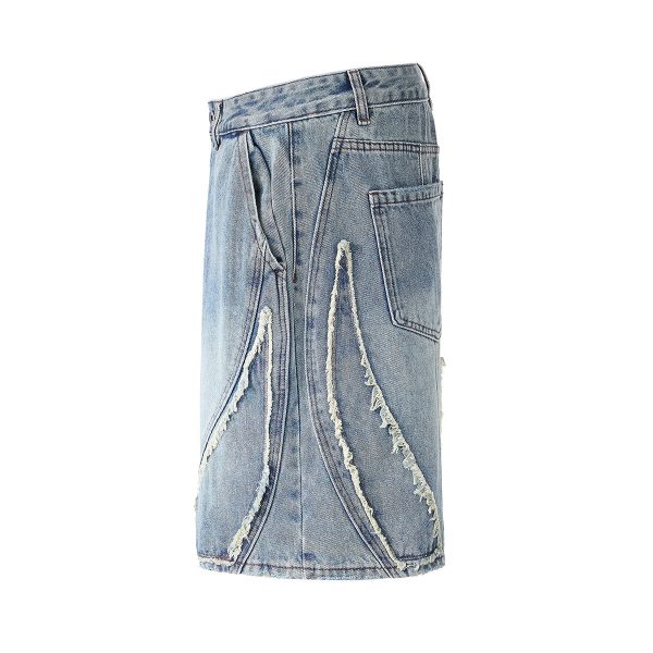 DK13 Men's Raw Edge Fringe Patchwork Distressed Denim Shorts