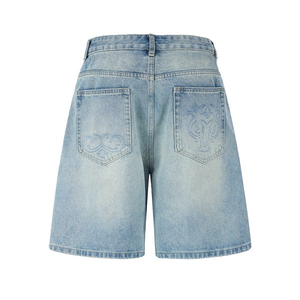 K030 Men's 13.2 OZ Snap Hook 3D Baroque Embroidery Denim Shorts