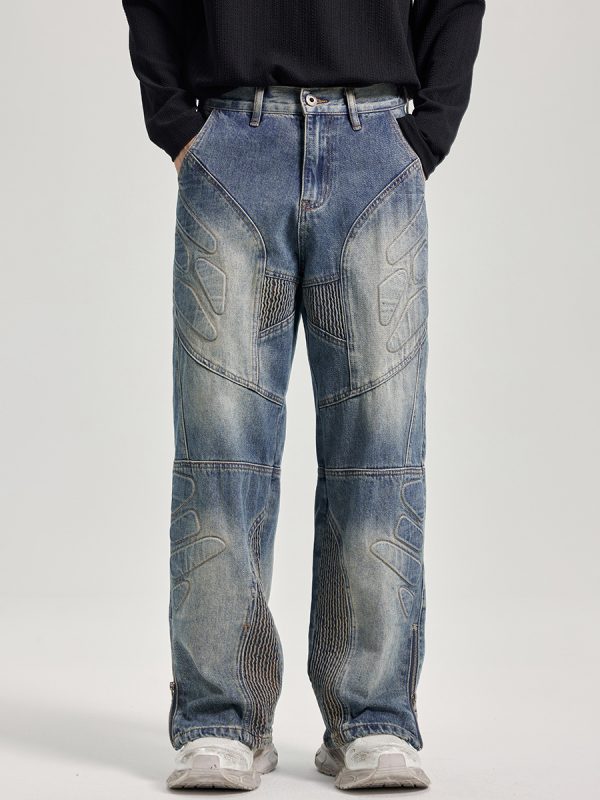 JK9661 Men's Moto Biker Laser Etching Stitched Embossed Jeans