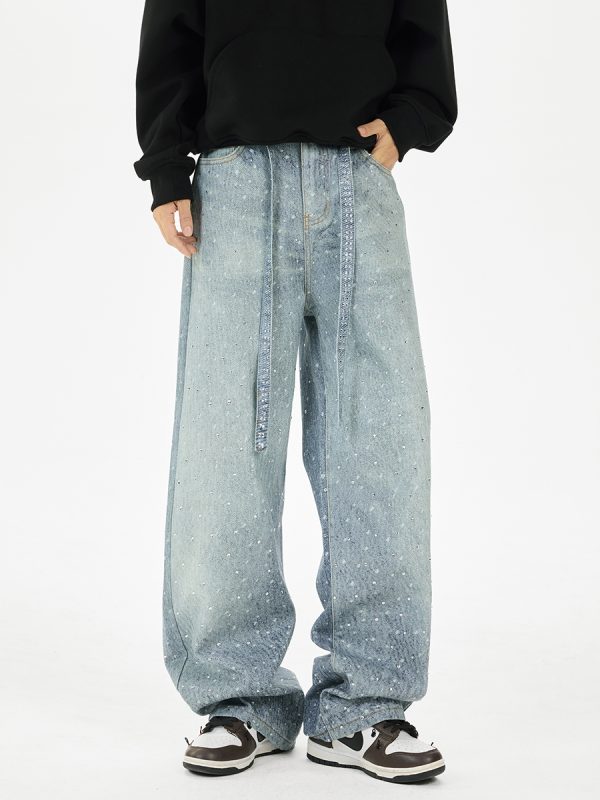 Q166 Men's 14.5 OZ 3D Digital Printing Rhinestone Loose Straight Jeans