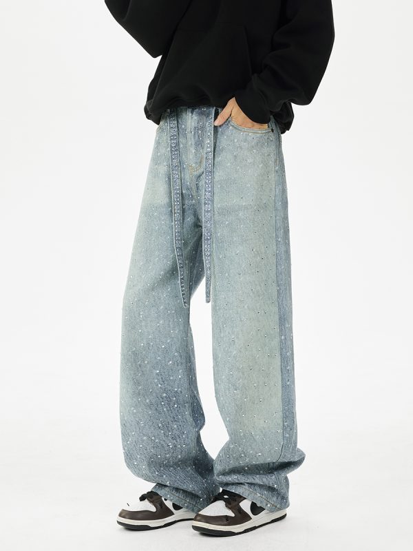 Q166 Men's 14.5 OZ 3D Digital Printing Rhinestone Loose Straight Jeans