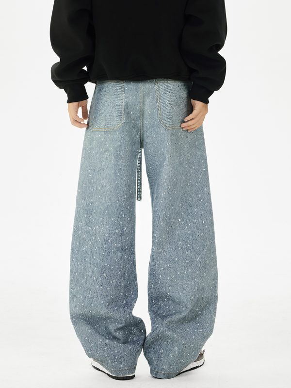 Q166 Men's 14.5 OZ 3D Digital Printing Rhinestone Loose Straight Jeans