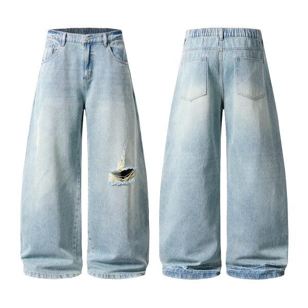 9205 Men's Curved‑leg Back‑half Elastic Waistband Ripped Jeans