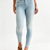 Women's Stretch High Rise Skinny Pale Light Blue Enzyme Stone Wash Sandblasted Jeans