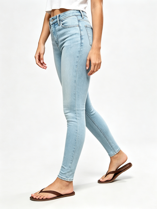 Women's Stretch High Rise Skinny Pale Light Blue Enzyme Stone Wash Sandblasted Jeans