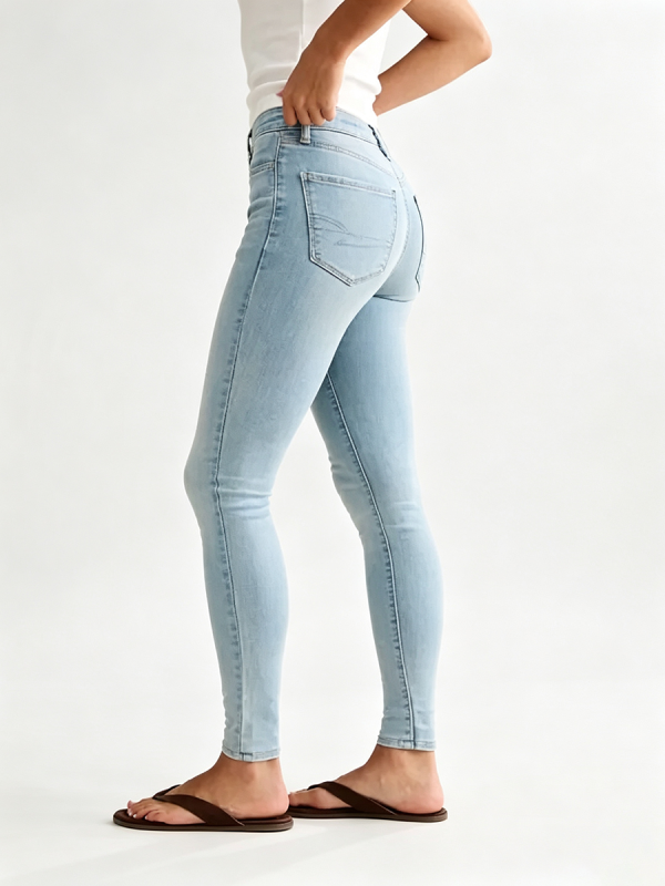 Women's Stretch High Rise Skinny Pale Light Blue Enzyme Stone Wash Sandblasted Jeans