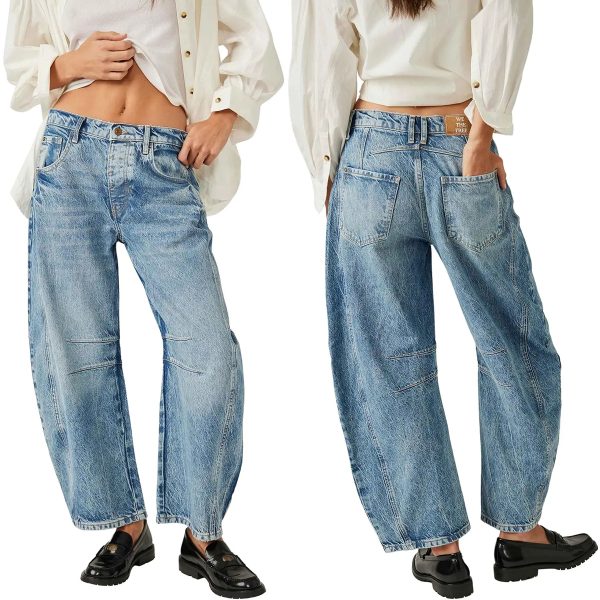 Women's 11.8 OZ Mid Rise Rigid Acid Stone Wash Barrel Ankle‑length Jeans