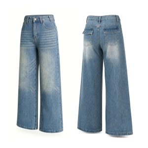 1788142822466580.jpg Women's 12.8 OZ Stretch High Rise Faded Wash Wide Leg Flap Back Pockets Jeans