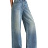 Women's 12.8 OZ Stretch High Rise Faded Wash Wide Leg Flap Back Pockets Jeans