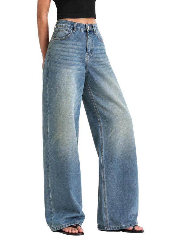 Women's 12.8 OZ Stretch High Rise Faded Wash Wide Leg Flap Back Pockets Jeans