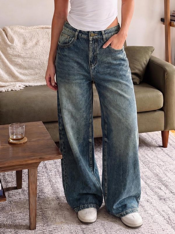 Women's 12.8 OZ Stretch High Rise Faded Wash Wide Leg Flap Back Pockets Jeans