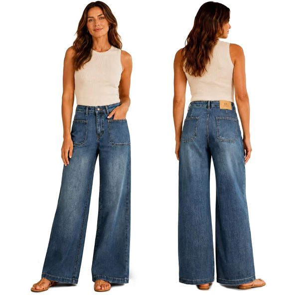 1788148421649164.jpg Women's 11.8 OZ Retro Cargo Square Front Patch Pockets Wide Leg Jeans