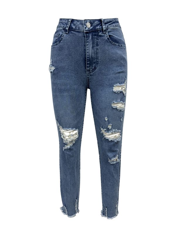 Women's 11.8 OZ High Rise Distressed Ankle Length Cropped Destroyed Ripped Skinny Jeans