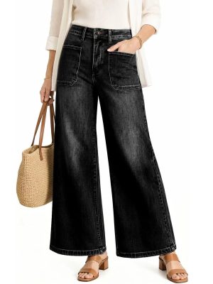 Women's 11.8 OZ Retro Cargo Square Front Patch Pockets Wide Leg Jeans