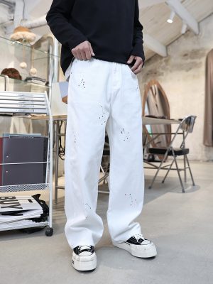 H3716 Men's 10.6 OZ Wide Leg Raw White Jeans