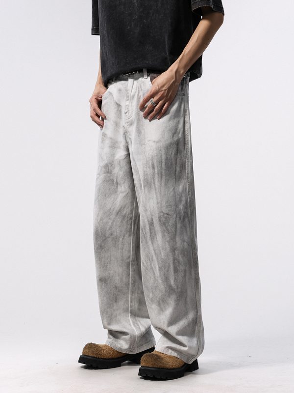 BY490 Men's 12.8 OZ Grunge Marble Tie Dye Wash Wide Leg Jeans