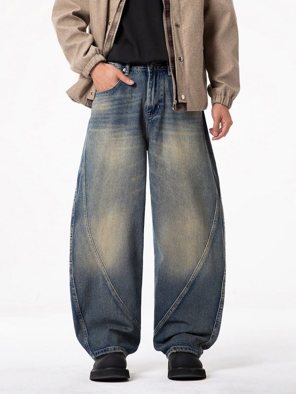PB004 Men's 12.8 OZ Banana Curved‑leg Cut Vintage Faded Jeans