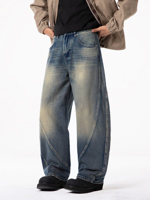 PB004 Men's 12.8 OZ Banana Curved‑leg Cut Vintage Faded Jeans