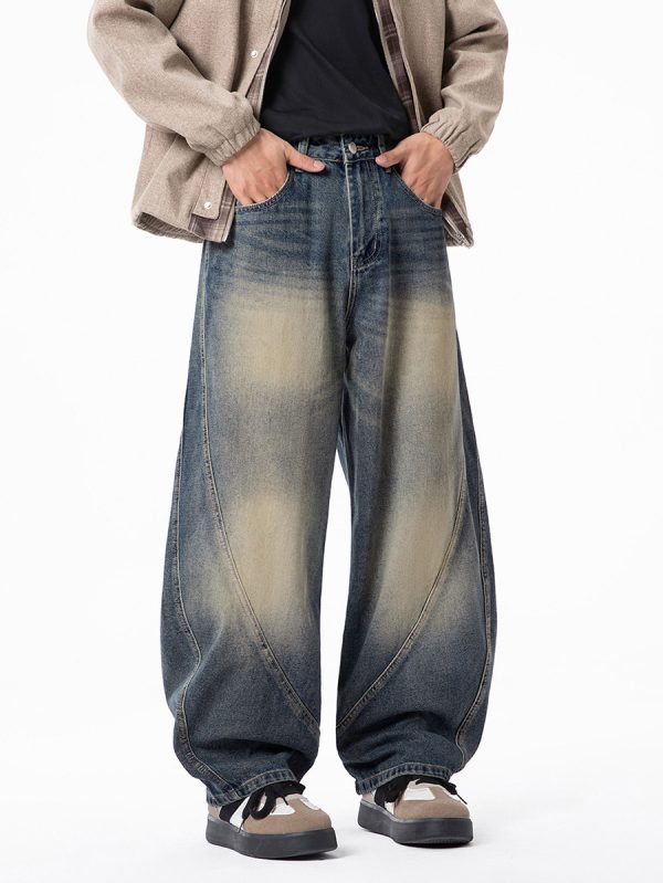 PB004 Men's 12.8 OZ Banana Curved‑leg Cut Vintage Faded Jeans