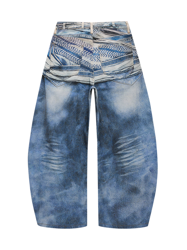 14032 Men's 14.2 OZ 3D Digital Printing Barrel Cut Curve-leg Jeans