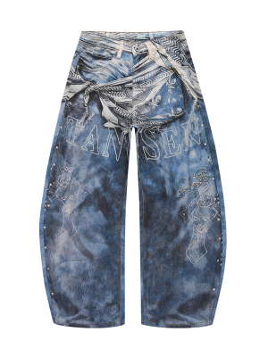14032 Men's 14.2 OZ 3D Digital Printing Barrel Cut Curve-leg Jeans