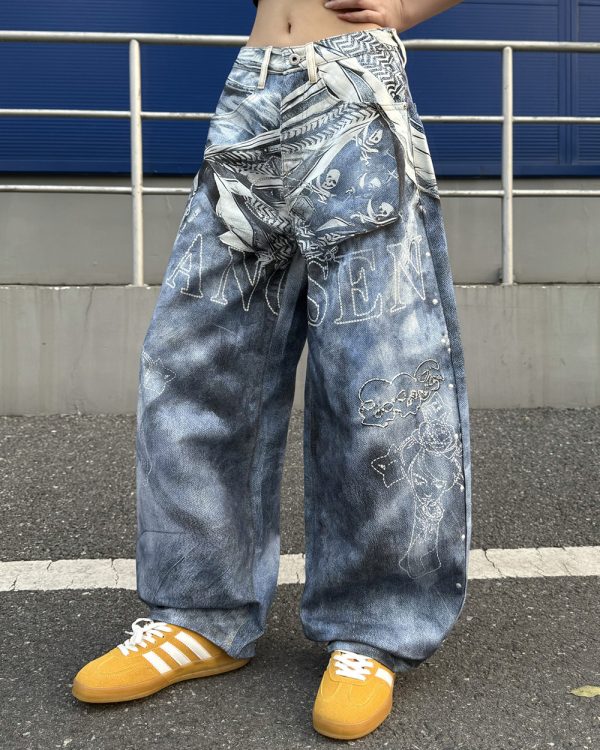 14032 Men's 14.2 OZ 3D Digital Printing Barrel Cut Curve-leg Jeans