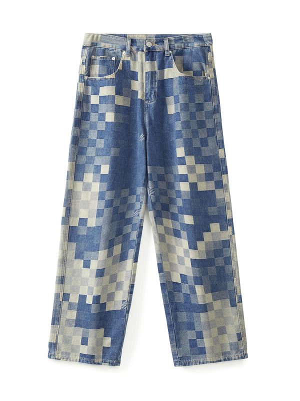 3752 Men's 10.4 OZ 100% Cotton Baggy Checkered Jacquard Denim Jeans