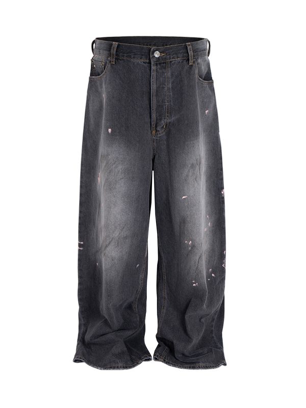 TJ129 Men's 13.8 OZ Paint Splatter Charcoal Black Baggy Jeans