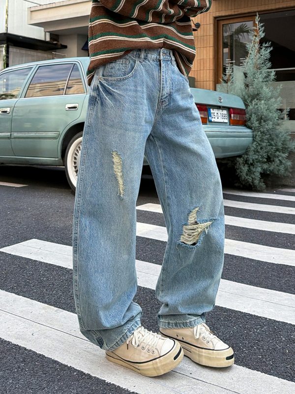 9205 Men's Curved‑leg Back‑half Elastic Waistband Ripped Jeans