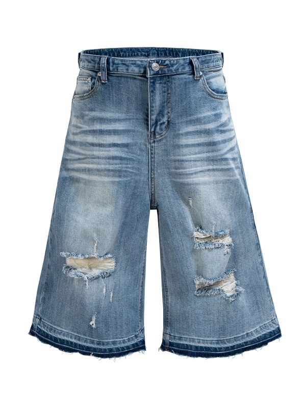 TJ177 Men's 12.5 OZ Baggy Loose Destroyed Ripped Raw Hem Capri Cropped Jeans