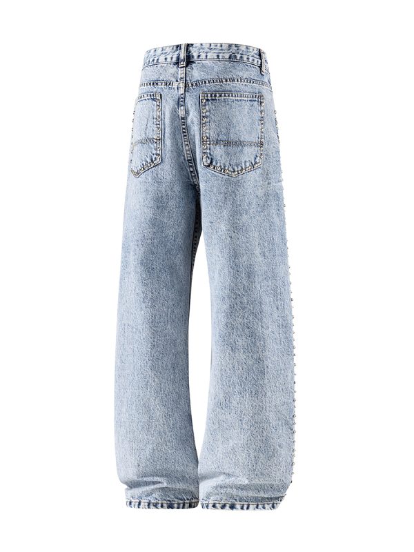 19911  Men's 13 OZ Relaxed Straight Acid Snow Wash Beaded Jeans