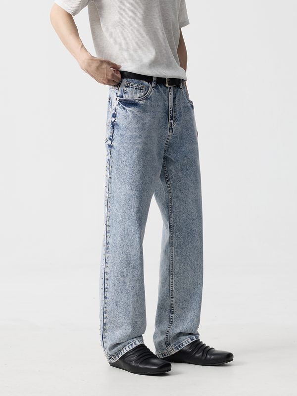 19911  Men's 13 OZ Relaxed Straight Acid Snow Wash Beaded Jeans