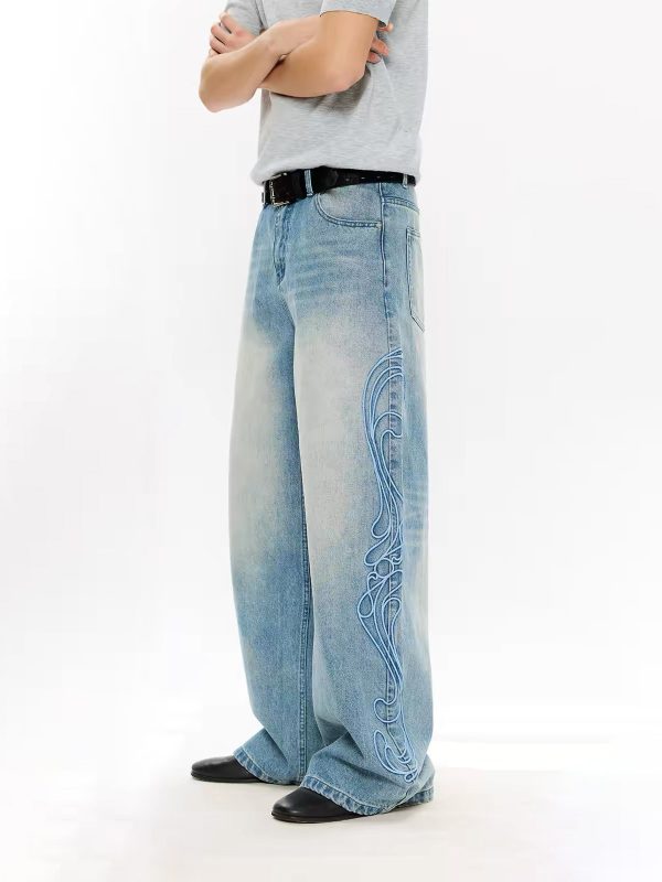 EMBD002 Men's 15 OZ 3D Raised Cord Embroidery Wide Leg Jeans