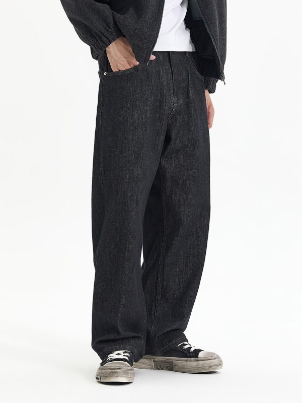 DK3070  Men's 13.6 OZ Black Raw Denim Loose Straight Jeans