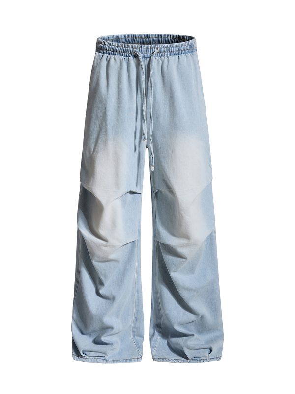 E6697  Men's 10.8 OZ Laser Etching Elastic Waist Baggy Parachute Denim Jeans